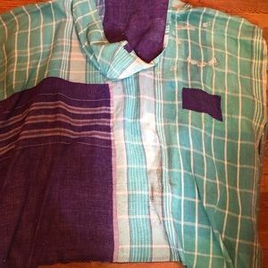 Kantha Bae Large hooded coat in teal, purple and blue